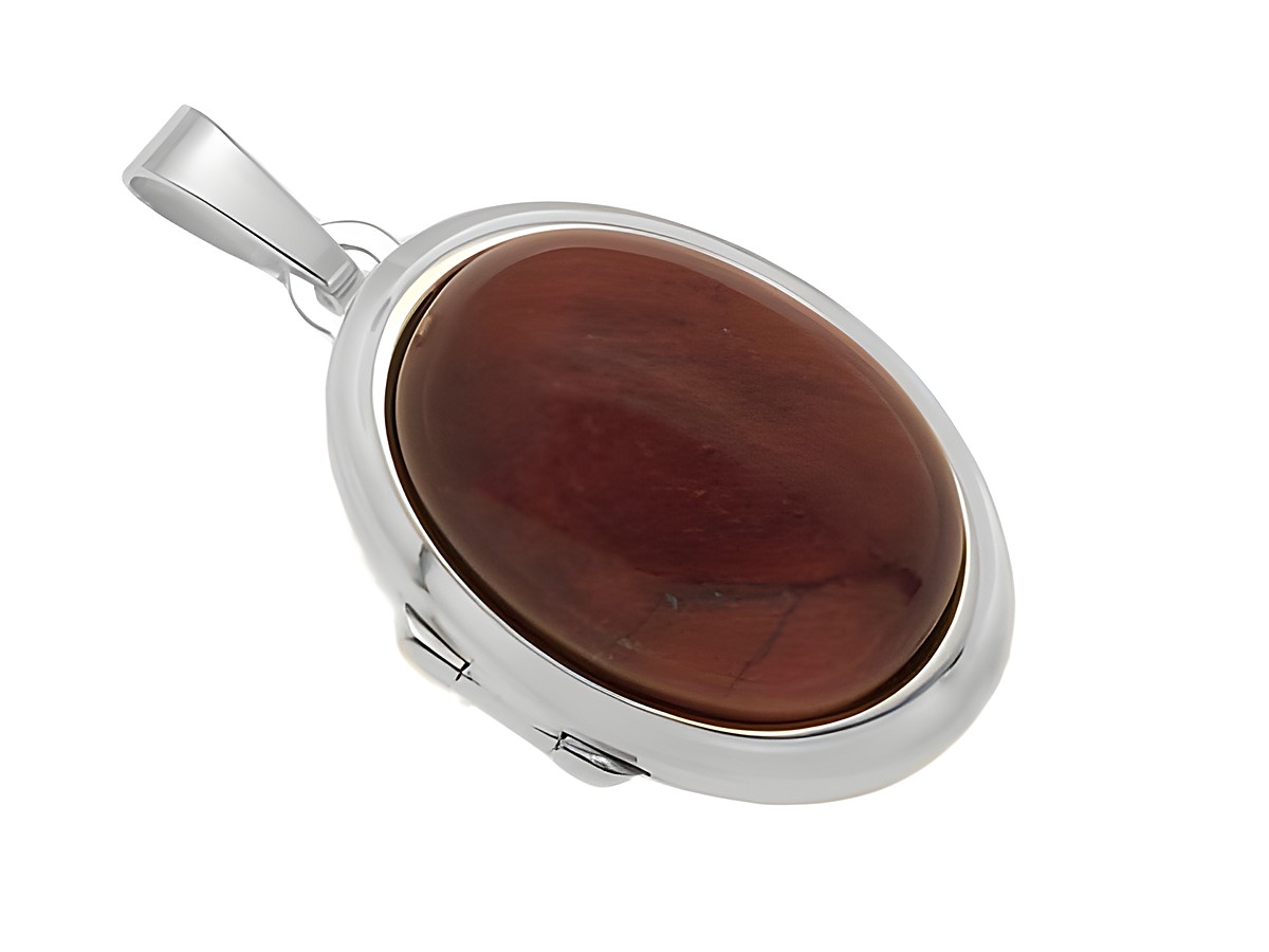 Tigerauge rotbraun Cabochon in einem eleganten Weißgold 585 Medaillon, Hersteller Juwelier Harnisch, stilvolles Schmuckstück für jeden Anlass.