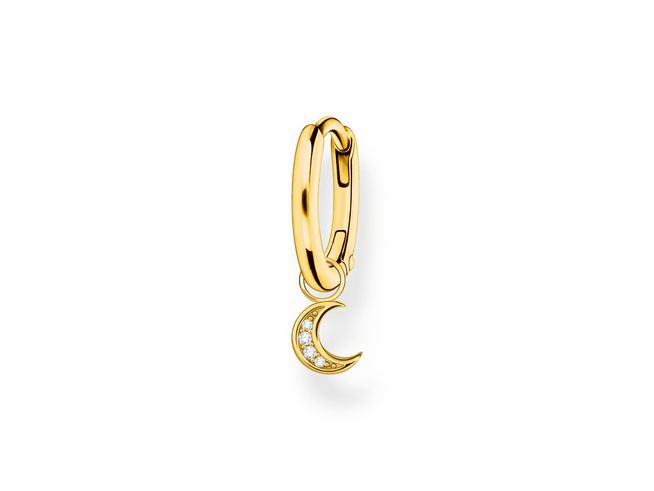 56970809-0 Der hochwertige Ohrschmuck von Thomas Sabo zeigt einen vergoldeten Creole mit einem mondförmigen Anhänger, verziert mit Zirkonia-Steinen, aus Sterling Silber.