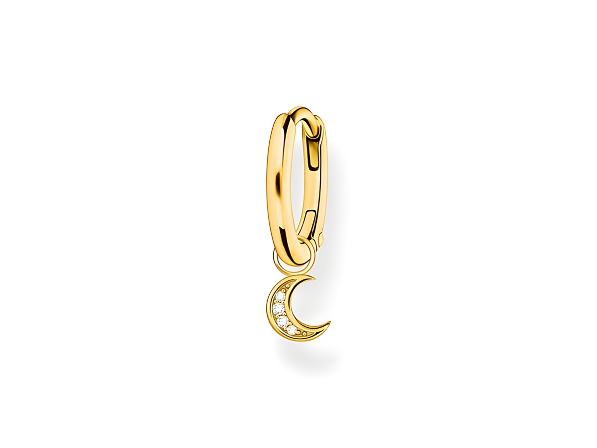 Der hochwertige Ohrschmuck von Thomas Sabo zeigt einen vergoldeten Creole mit einem mondförmigen Anhänger, verziert mit Zirkonia-Steinen, aus Sterling Silber.