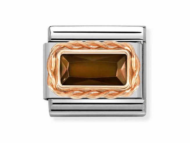 Edelstahlarmbandglied in Roségold mit Zirkonia in Braun, im klassischen Design von Nomination, kombiniert zeitlose Eleganz mit modernem Stil. Ideal für jeden Anlass.