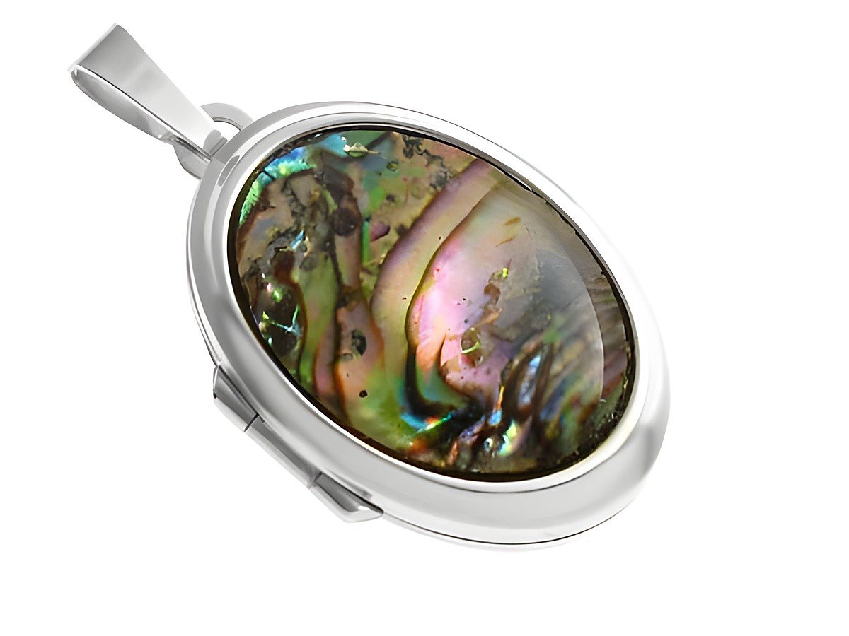 Perlmutt Cabochon in bunten Farben, eingefasst in rhodiniertes Sterling Silber Medaillon vom Hersteller Juwelier Harnisch, verleiht dem Schmuckstück eine elegante Ausstrahlung.
