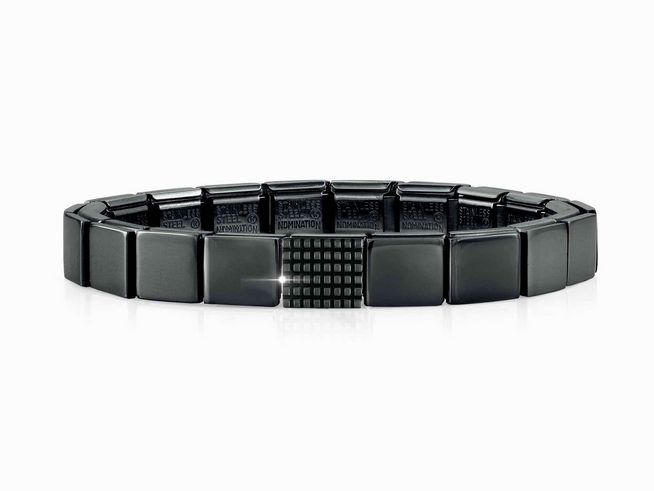 Elegantes Nomination Classic GLAM Armband aus Edelstahl in Schwarz mit PVD-Beschichtung, kleines Gittermuster, ideal für modische Akzente.