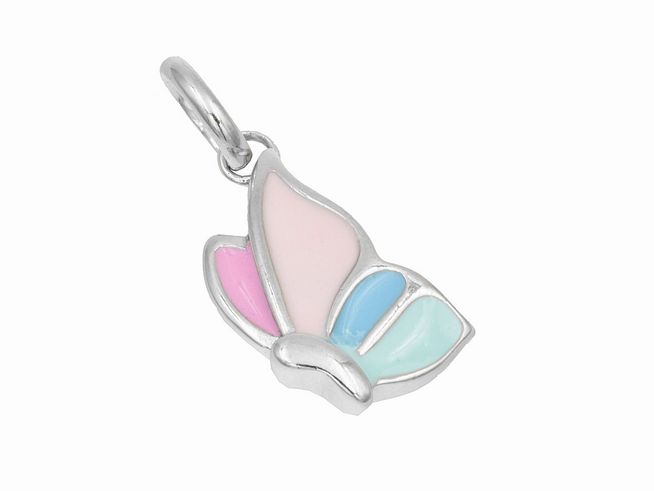 Schmetterling Anhänger aus rhodiniertem Sterling Silber, poliert, mit buntem Lack in Rosa, Blau und Mintgrün, Hersteller Juwelier Harnisch. Ideal als Schmuckstück für jeden Anlass.