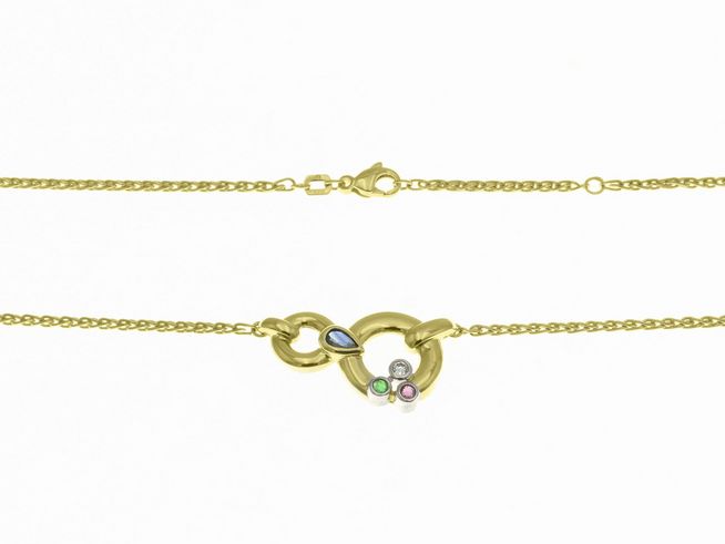 Collierkette mit Mittelteil aus 333 Gelbgold und Weißgold, verziert mit Rubin, Saphir und Zirkonia, in den Längen 42 cm und 45 cm, Hersteller Juwelier Harnisch.