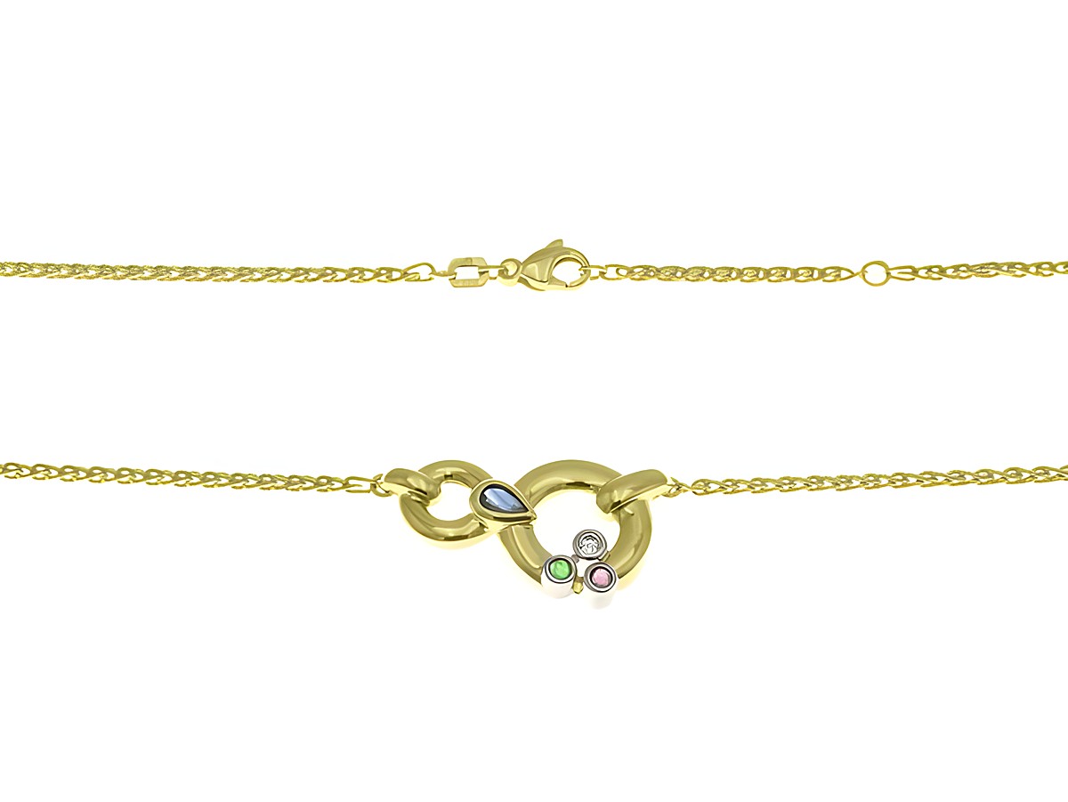 Collierkette mit Mittelteil aus 333 Gelbgold und Weißgold, verziert mit Rubin, Saphir und Zirkonia, in den Längen 42 cm und 45 cm, Hersteller Juwelier Harnisch.