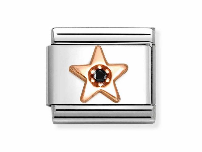 Schmuckelement von Nomination, aus Edelstahl und Roségold, mit einem schwarzen Zirkonia-Stern und umgebenen Zirkonia-Steinen, elegantes Design für Armbänder.