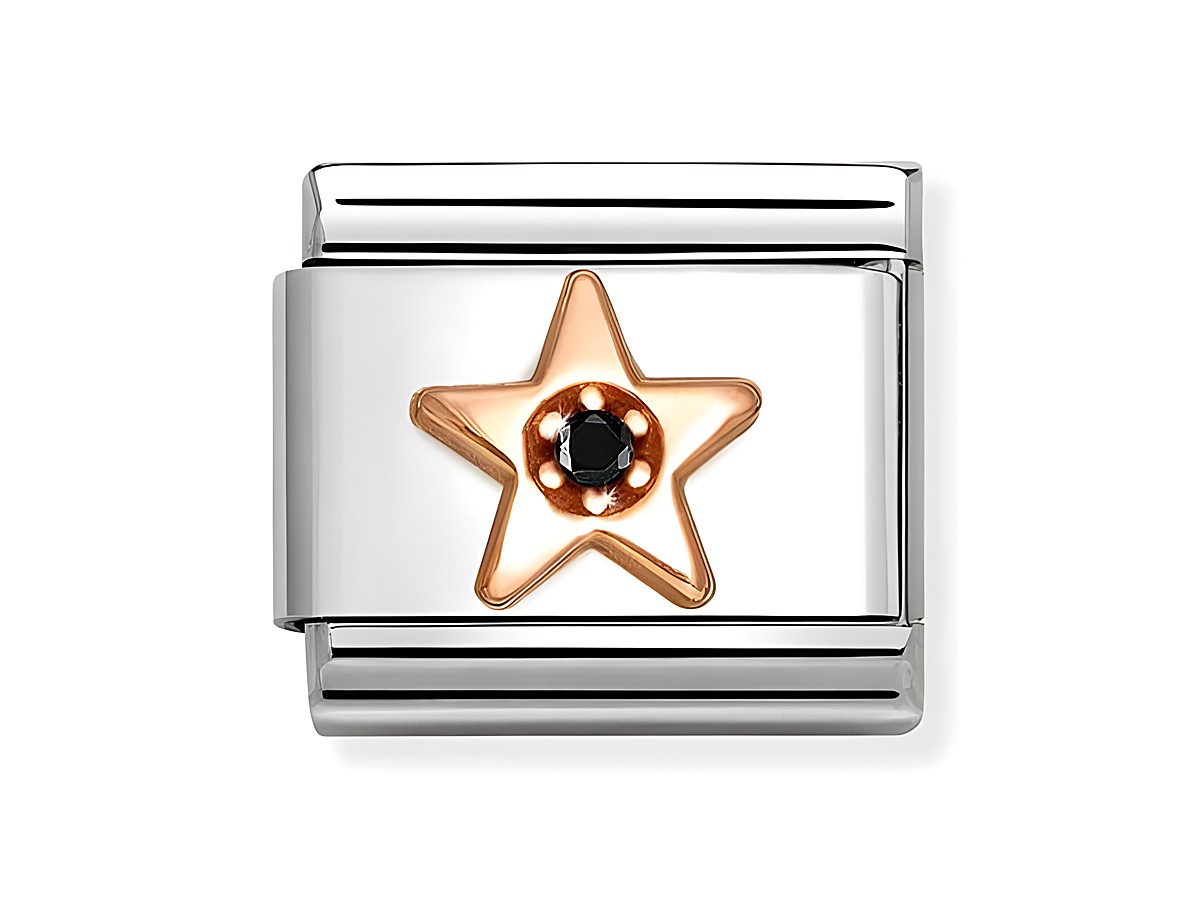 Schmuckelement von Nomination, aus Edelstahl und Roségold, mit einem schwarzen Zirkonia-Stern und umgebenen Zirkonia-Steinen, elegantes Design für Armbänder.
