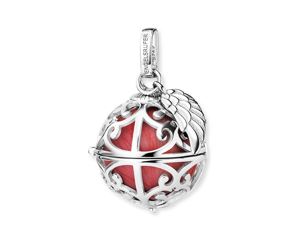 Engelsrufer ER-23-25-M Klangkugel Anhänger mit Flügel - Silber rhod. Perlmutt - Rot Gr. M Klangkugel Anhänger von Engelsrufer aus rhodiniertem Silber mit filigranen Mustern und einem roten Perlmutt-Innenleben sowie einem kleinen Flügel als Dekoration, Größe M.