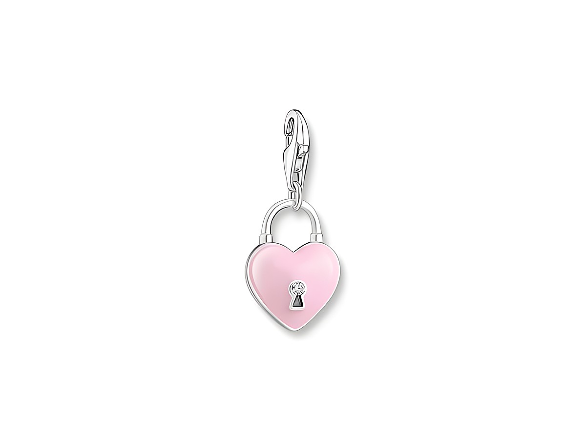 Charm-Anhänger in Herzschlossform aus Rosé-Pink Emaille und Silber mit Zirkonia, elegantes Design, ideal zum Personalisieren von Schmuckstücken. Neuheiten von Thomas Sabo.