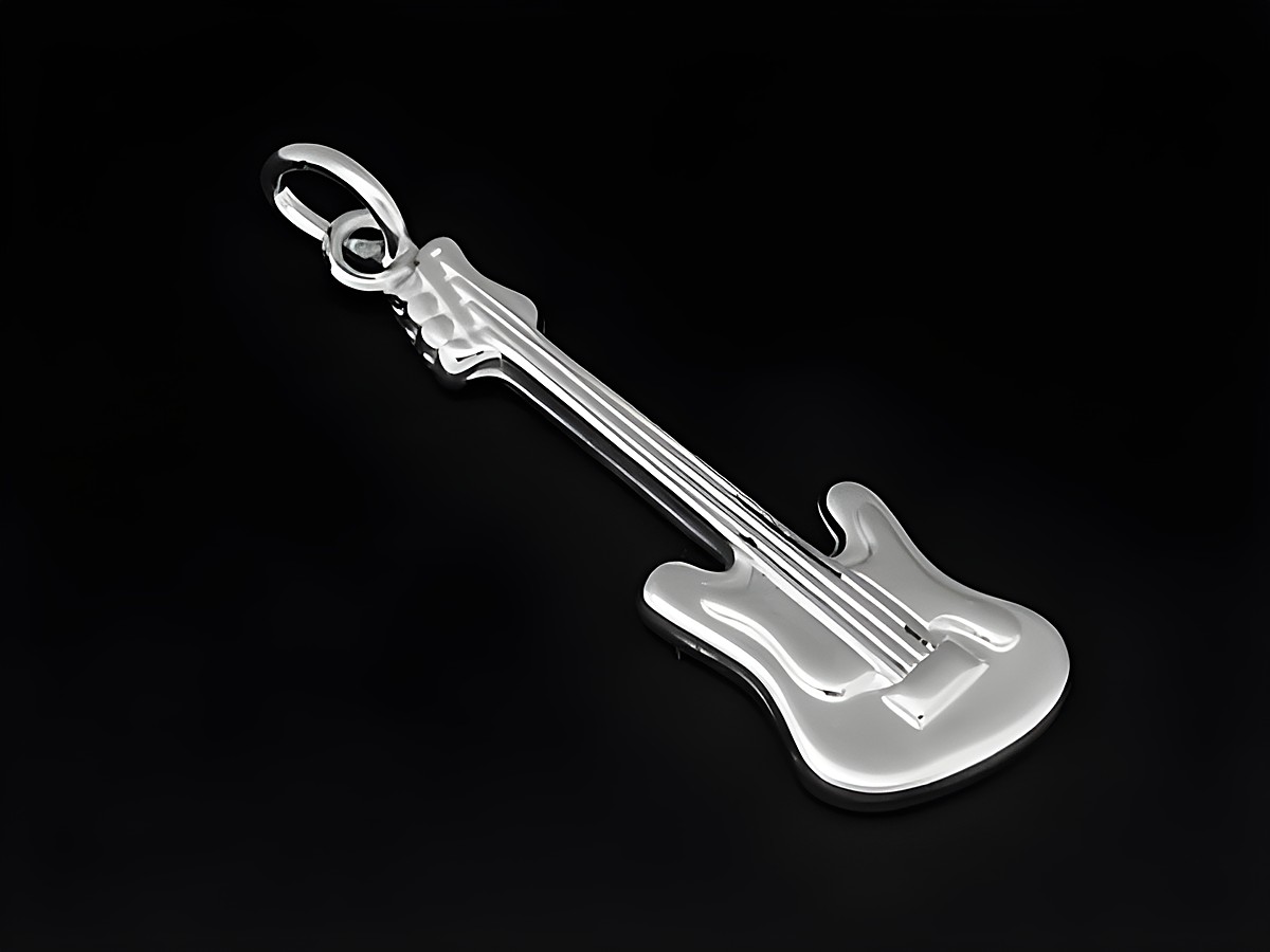 E-Gitarre Silber Anhänger aus 925 Sterling Silber rhodiniert, filigran gestaltet, ideal für Musikliebhaber, Hersteller Juwelier Harnisch.