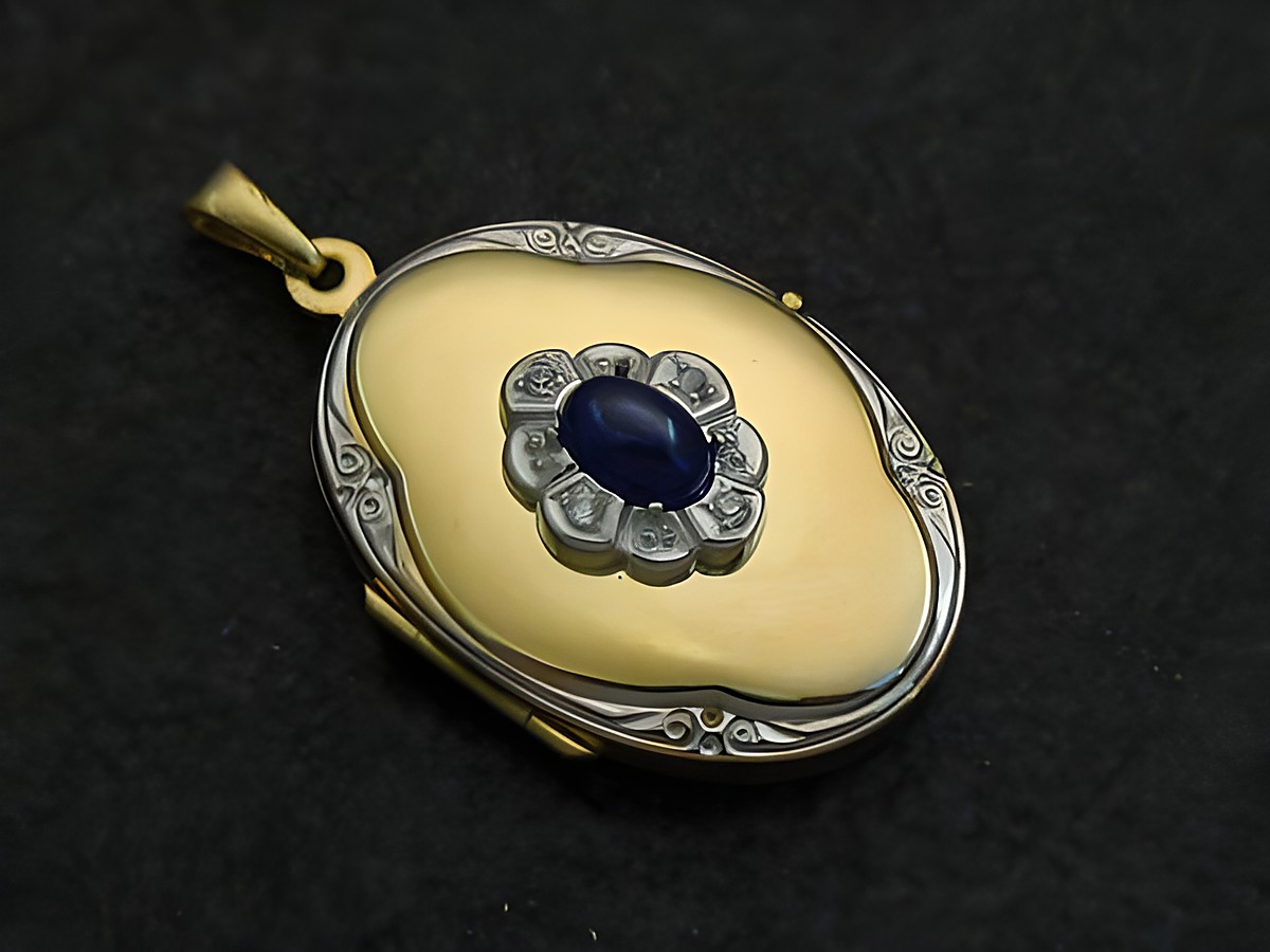 Saphir blauer Medaillon Cabochon aus Gold 333 bicolor von Juwelier Harnisch, elegant gestaltet mit einem umrahmenden Schmuckstein und feinen Details, ideal für stilvolle Anlässe.