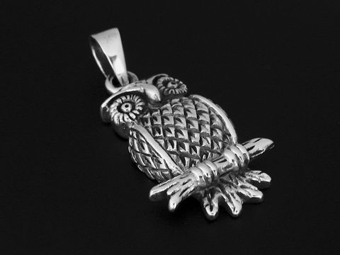 Silber Anhänger in Form einer Eule, symbolisch gestaltet, von Juwelier Harnisch, ideal als Schmuckstück für Tierliebhaber.