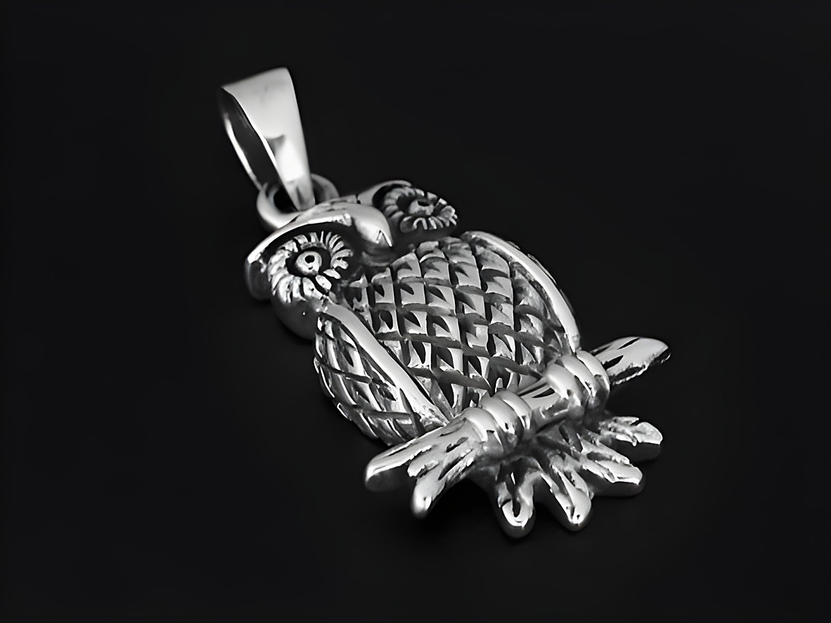 Silber Anhänger in Form einer Eule, symbolisch gestaltet, von Juwelier Harnisch, ideal als Schmuckstück für Tierliebhaber.