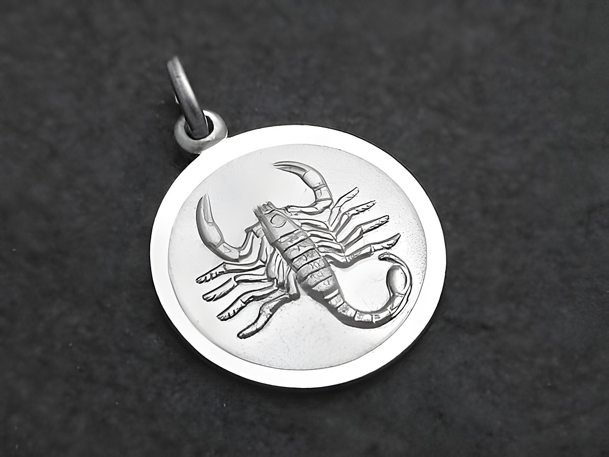 925 Sterling Silber Anhänger mit einem Runddesign, der ein detailliertes Skorpion-Motiv zeigt, hergestellt von Juwelier Harnisch, ideal für Skorpion-Geborene.