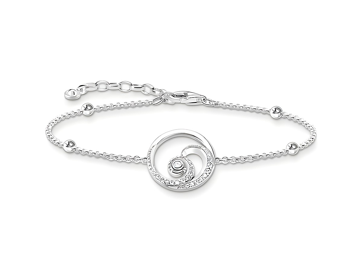 Ein elegantes Thomas Sabo Armband aus Sterling Silber mit Zirkonia, verfügt über ein spiralförmiges Design und eine verstellbare Länge von 19 cm, ideal für jedes Handgelenk.
