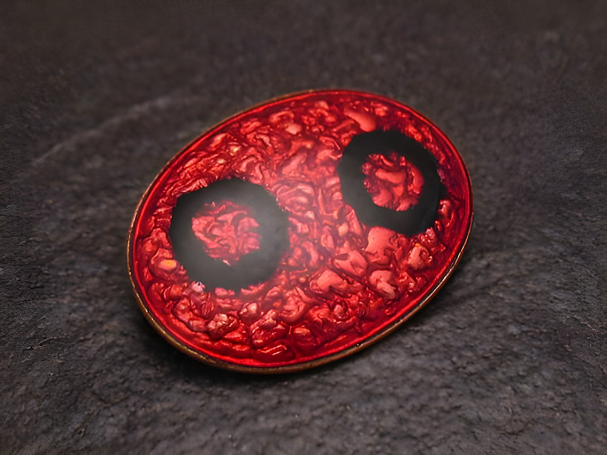 Emaille Brosche in roter und schwarzer Farbgestaltung, oval mit strukturiertem Muster und zwei schwarzen Kreisen, vergoldet, Hersteller Juwelier Harnisch, Vintage-Design.