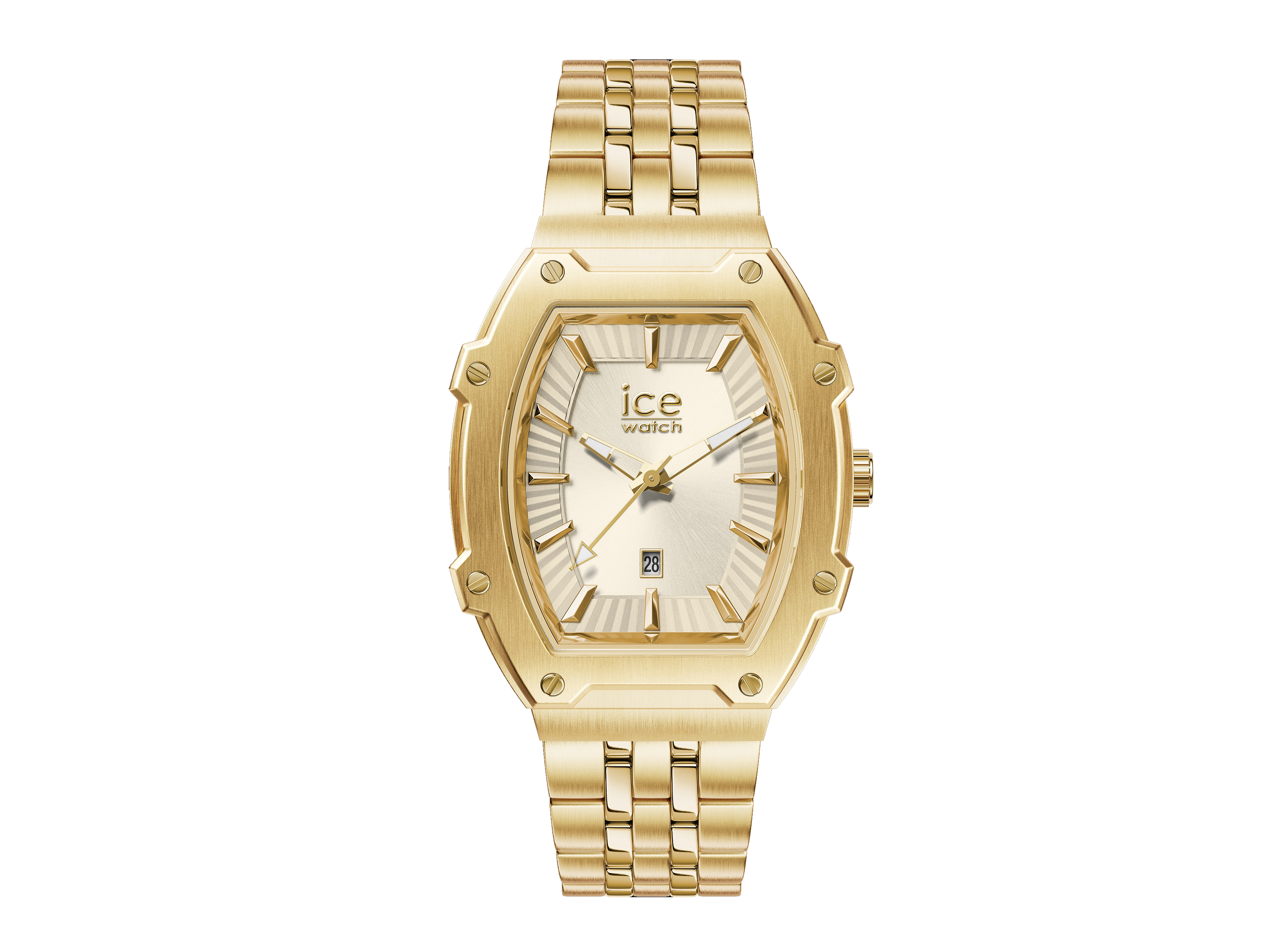Die Ice Watch 024552 ICE boliday Uhr in Gold und Weiß hat ein elegantes Design mit einem goldenen Armband und einem rechteckigen Zifferblatt, ideal für stilbewusste Frauen.