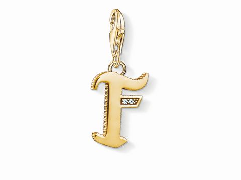 Vergoldeter Charm-Anhänger von Thomas Sabo in Form des Buchstabens F, mit funkelnden Zirkonia verziert, ideal zum individuellen Personalizieren von Schmuckstücken.