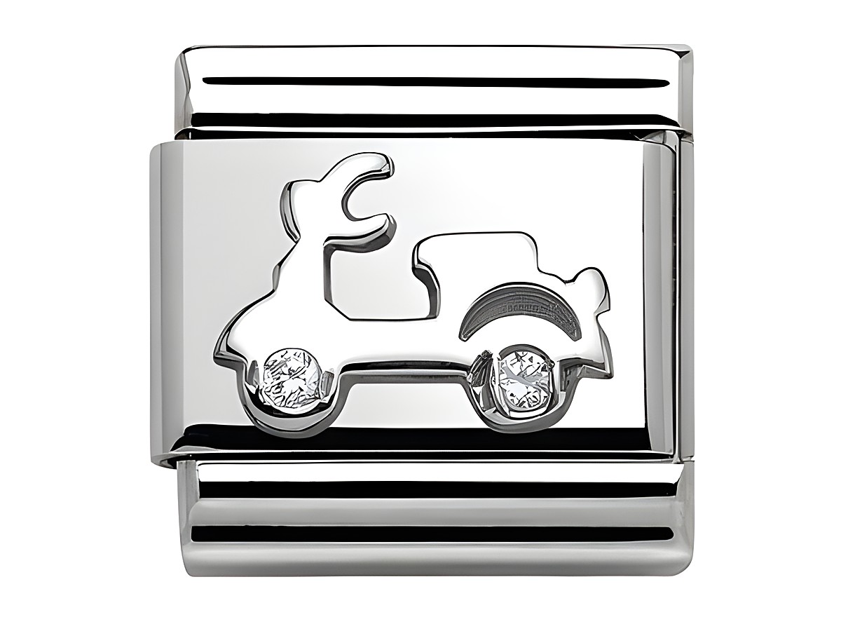 Ein eleganter Motorroller aus glänzendem Edelstahl mit Zirkonia-Akzenten. Das Design zeigt eine stilisierte Rollerform in einem modernen, minimalistischen Stil. Ideal für Schmuckliebhaber.