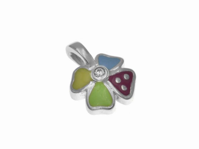 Ein silberner rhodinierter Anhänger in Form eines Kleeblatts mit bunten Lackakzenten in Blau, Pink, Gelb und Grün sowie einem Zirkonia-Stein in der Mitte, ideal als Glücksbringer für Kinder.