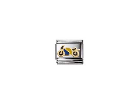 Motorrad in Gelb und Blau emailliert auf einem silbernen Hintergrund, klassisches Design von Nomination, eignet sich ideal für Schmuckstücke im Onlineshop.