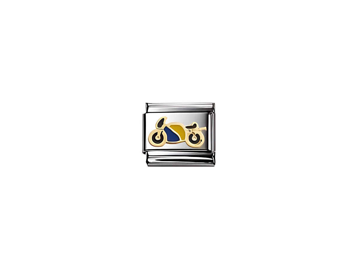 Motorrad in Gelb und Blau emailliert auf einem silbernen Hintergrund, klassisches Design von Nomination, eignet sich ideal für Schmuckstücke im Onlineshop.