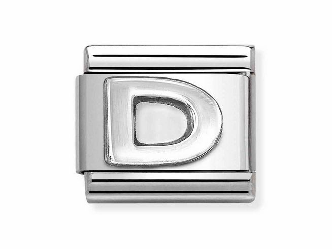 Edelstahl Buchstabe D von Nomination in Silber oxidiert, klassisches Design mit polierter Oberfläche und feinen Linien, ideal für individuelle Armbänder.