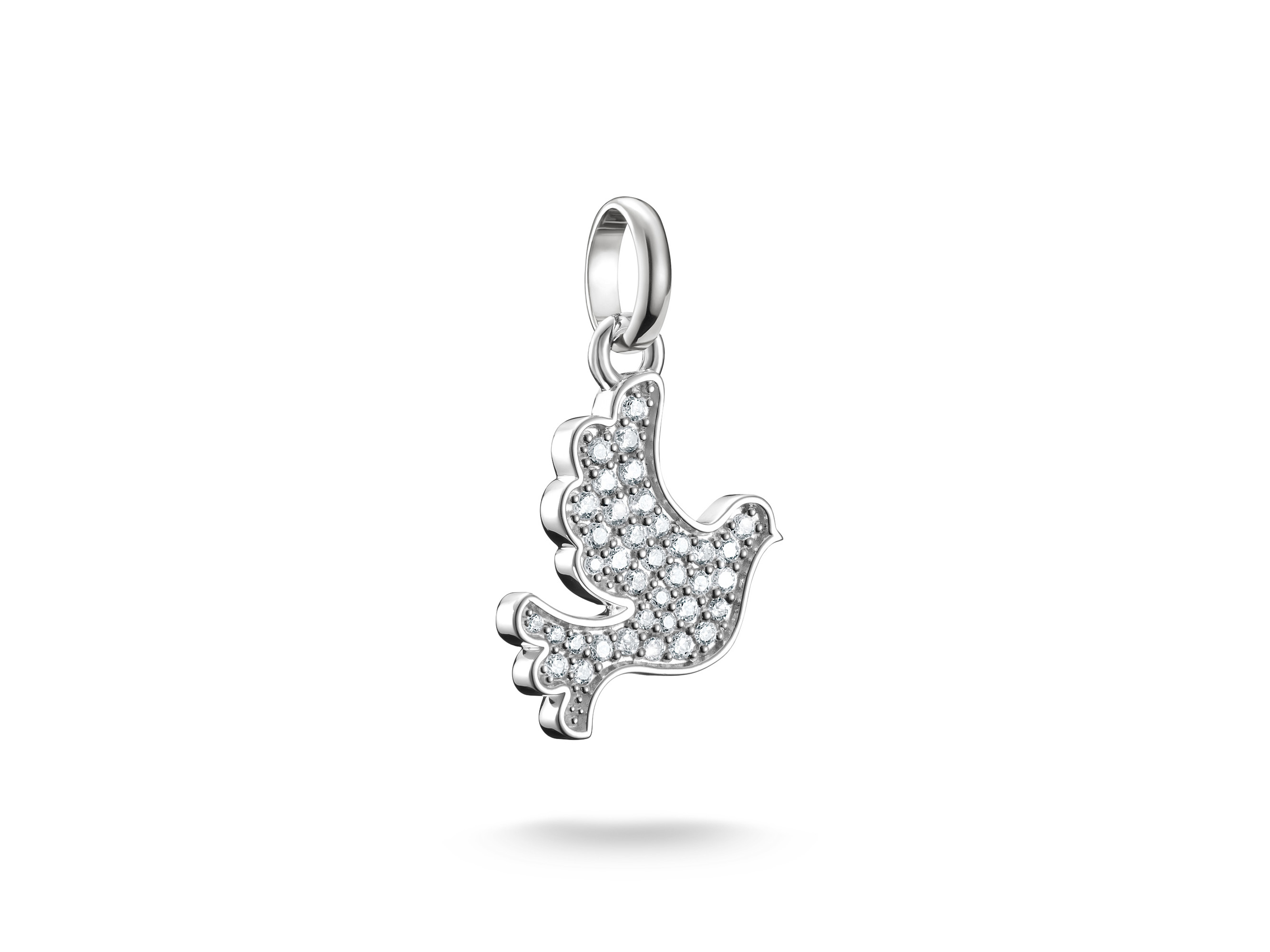 Silberner Charm in Form einer Friedenstaube, besetzt mit funkelndem Zirkonia, geeignet für das Thomas Sabo Charm Club CONNECT Armband, elegante und symbolische Gestaltung.
