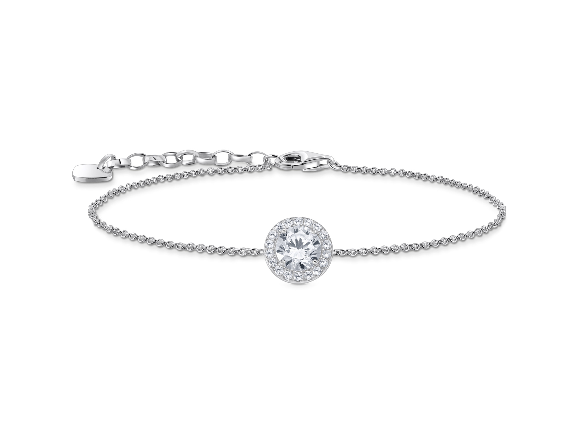 Elegantes Armband von Thomas Sabo in Silber mit einem funkelnden Zirkonia-Mittelstein, umgeben von weiteren kleinen Zirkonia, verstellbare Länge von 16 bis 19 cm.