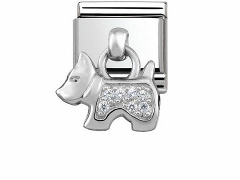 Charm mit Hunde-Motiv aus Edelstahl und Silber, verziert mit funkelnden Steinen, Hersteller ist Nomination, Modell 331800 09 Classic CHARMS.