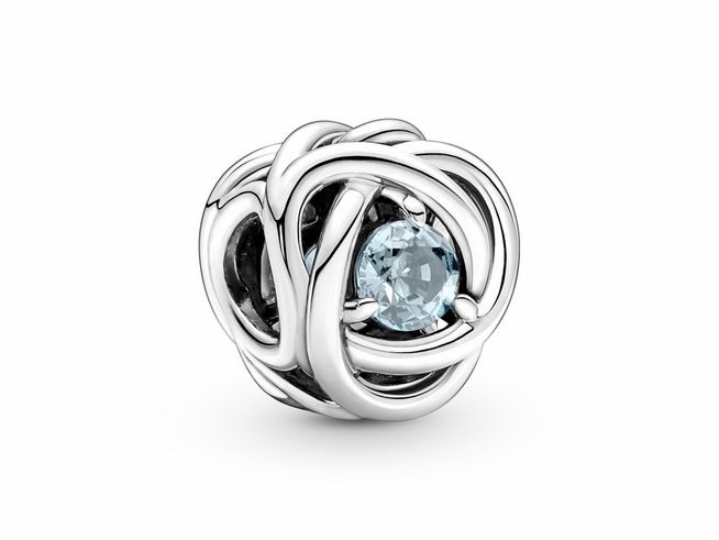 790065008-0 Pandora Sea Aqua Blue Eternity Circle Charm aus Silber mit einem blauen Kristall in filigraner, geschwungener Form, ideal für individuelle Armbänder.