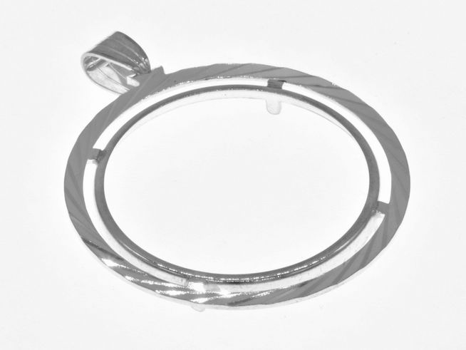 Münzfassung Anhänger aus 925 Sterling Silber mit Diamantschliff, Durchmesser von 30,8 mm, geeignet für Münzen bis 3,5 cm, hergestellt von Juwelier Harnisch.