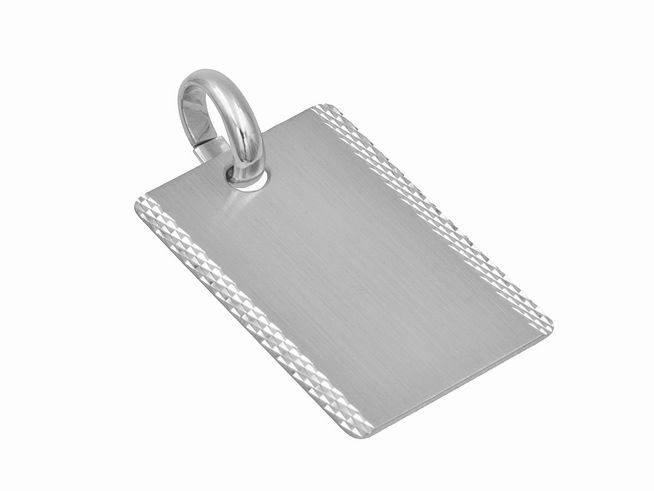 Anhänger Gravurplatte aus teilmattiertem Sterling Silber, rhodiniert, mit schlichtem Design und einer dekorativen Kante, hergestellt von Juwelier Harnisch.