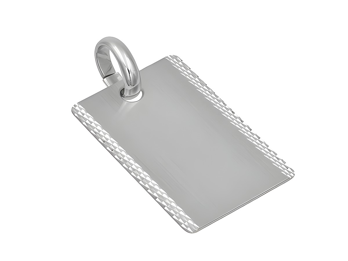 Anhänger Gravurplatte aus teilmattiertem Sterling Silber, rhodiniert, mit schlichtem Design und einer dekorativen Kante, hergestellt von Juwelier Harnisch.