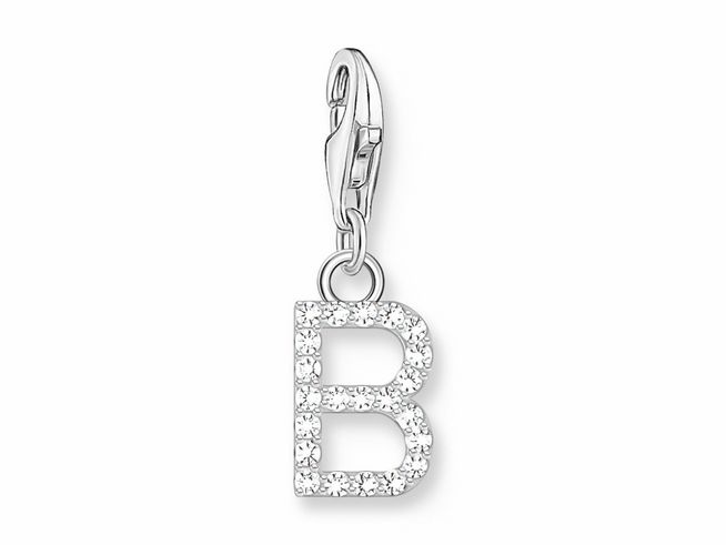 56972504-0 Funkelnder Thomas Sabo Charm-Anhänger in Form des Buchstabens B aus Silber mit weißen Zirkonia-Steinen, ideal als schönes Schmuckstück oder Geschenkidee.