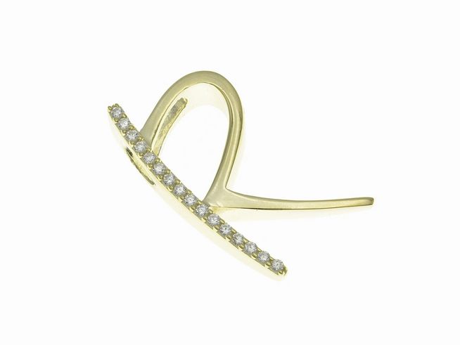 Anhänger aus poliertem Sterling Silber in Form des Buchstabens R, vergoldet in Gelbgold und besetzt mit Zirkonia, Hersteller Juwelier Harnisch.
