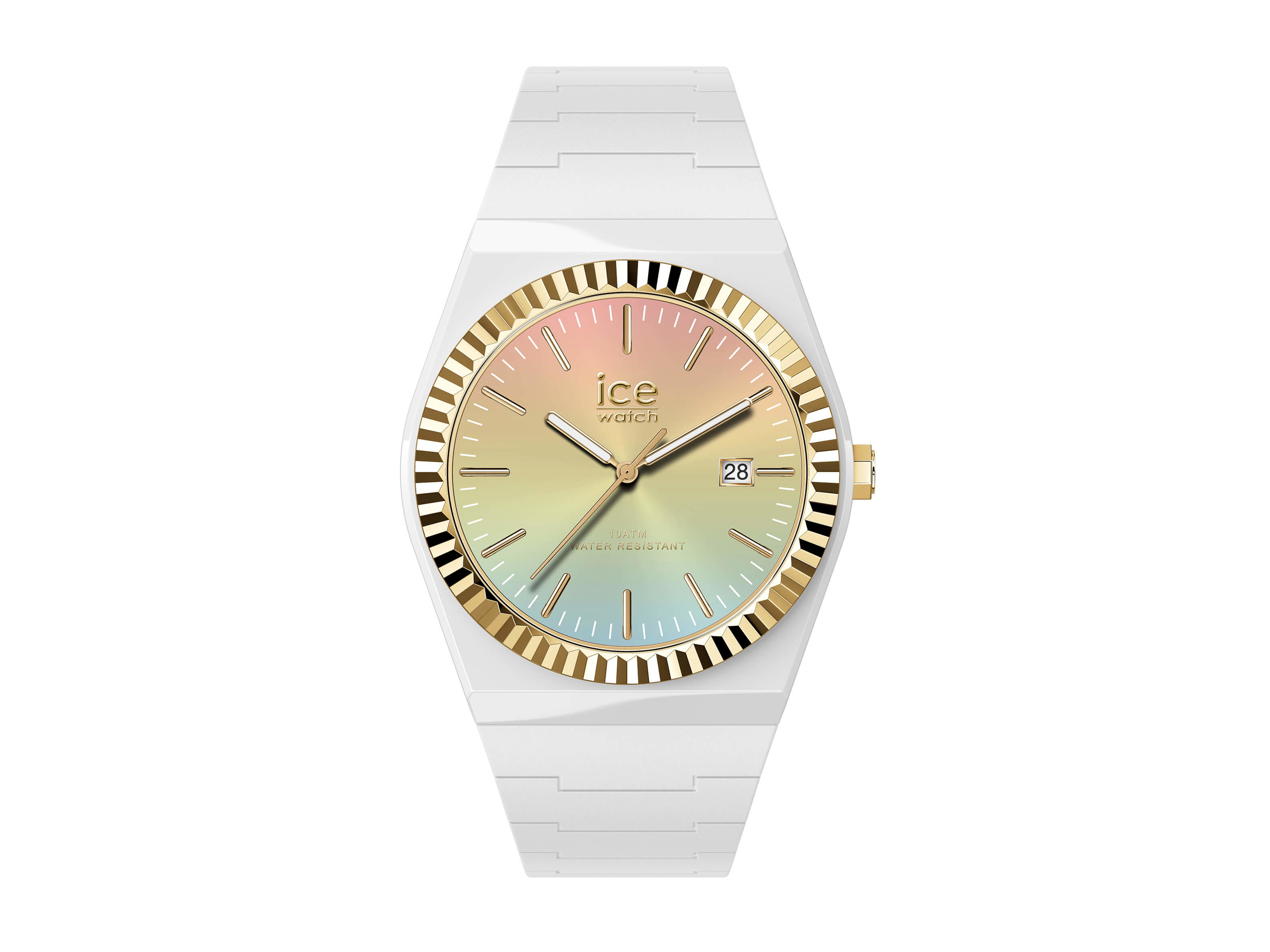 Ice Watch 024766 ICE Power - Weiß - White sunset rainbow - Medium Weiße Armbanduhr von Ice Watch mit rainbowfarbenem Zifferblatt und goldfarbener Lünette. Das Modell ICE Power 024766 in mittlerer Größe hat eine Datumsanzeige.