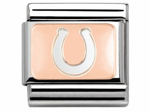 Nomination Classic Roségold 430101 11 Hufeisen zeigt ein elegantes Hufeisen-Design auf einem roségoldenen Hintergrund, umgeben von einem silbernen Rahmen, ideal für individuelle Armbänder.
