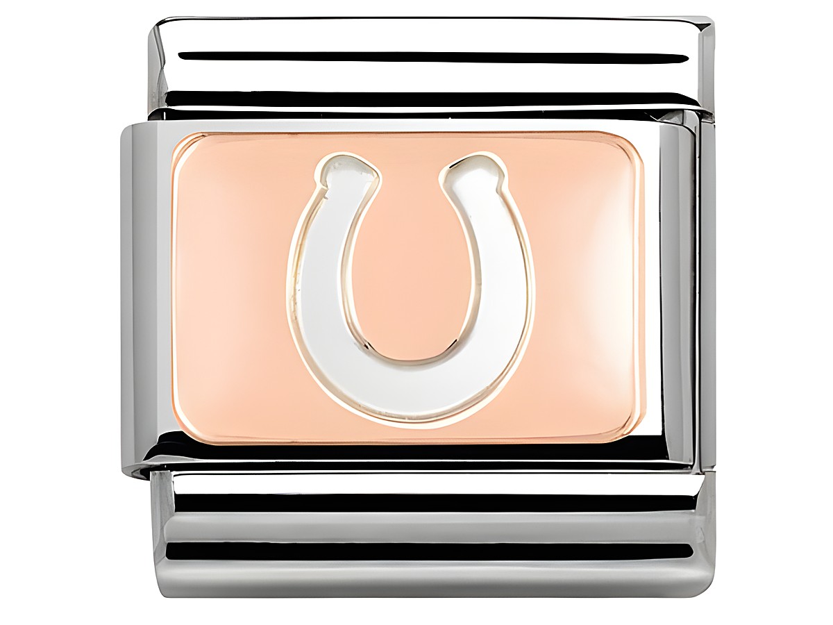 Nomination Classic Roségold 430101 11 Hufeisen zeigt ein elegantes Hufeisen-Design auf einem roségoldenen Hintergrund, umgeben von einem silbernen Rahmen, ideal für individuelle Armbänder.