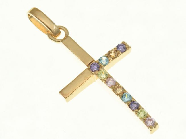 Kreuz Anhänger aus Sterling Silber, rosegold vergoldet, verziert mit Zirkonia und Blautopas, Hersteller Juwelier Harnisch, mit bunten Steinen.