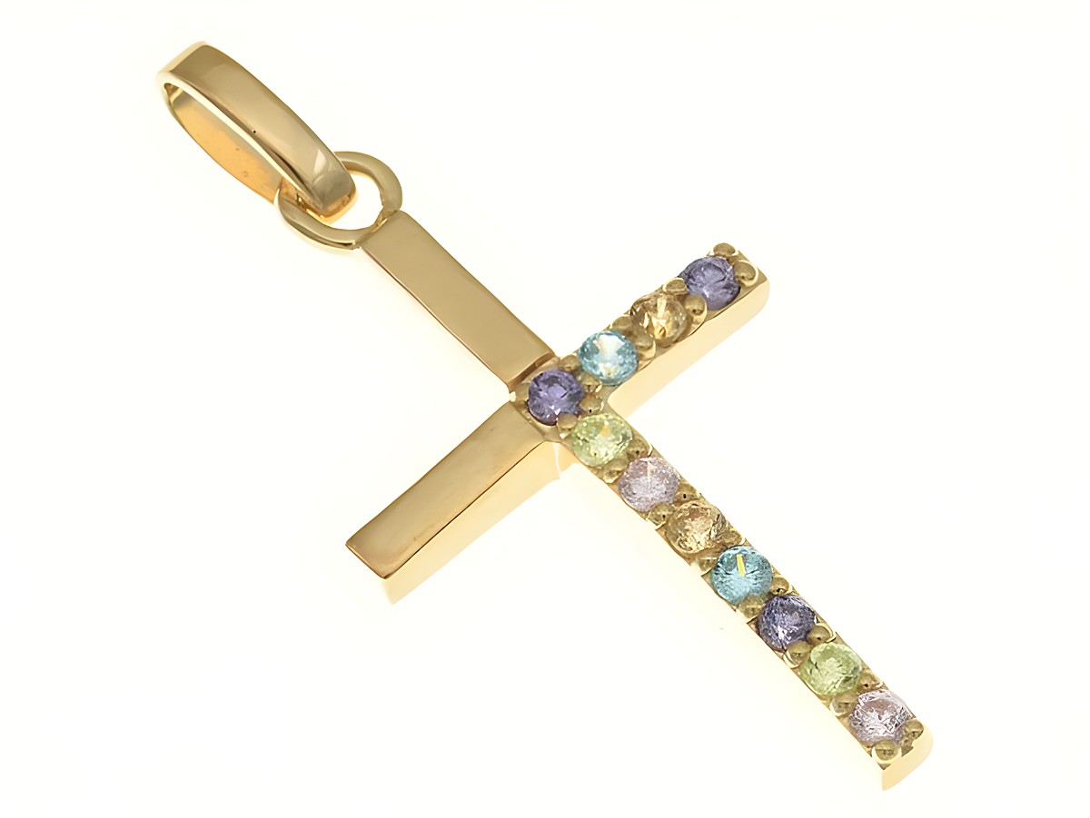 Kreuz Anhänger aus Sterling Silber, rosegold vergoldet, verziert mit Zirkonia und Blautopas, Hersteller Juwelier Harnisch, mit bunten Steinen.