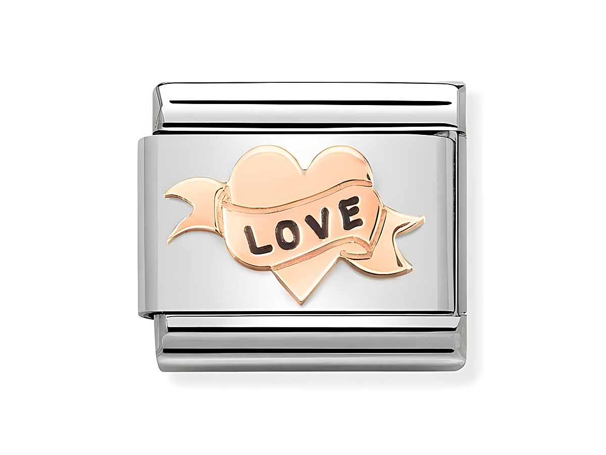 Armbandglied aus Edelstahl in klassischem Design, verziert mit einem rosegoldenen Herz und dem Wort LOVE auf einem Banner, ideal für eine stilvolle Ergänzung.
