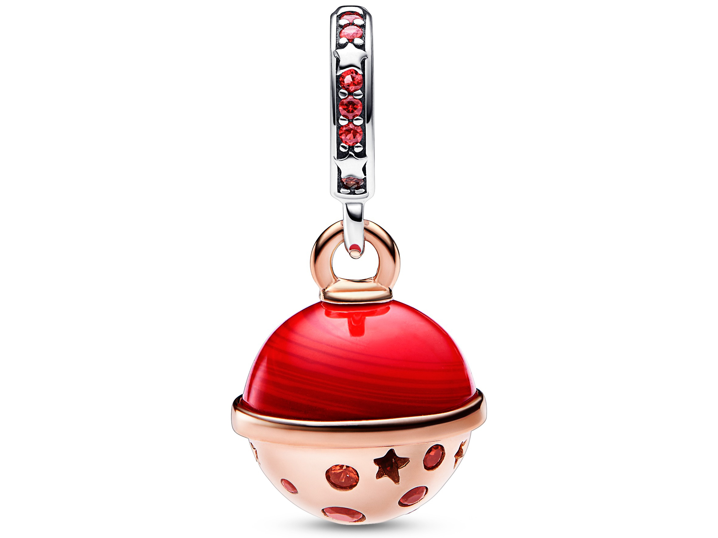 Charm in Form des Planeten Mars aus Sterling Silber mit Roségold Vergoldung, verziert mit roten Kristallen, runde, glänzende Oberfläche und Sterne als Design-Elemente.