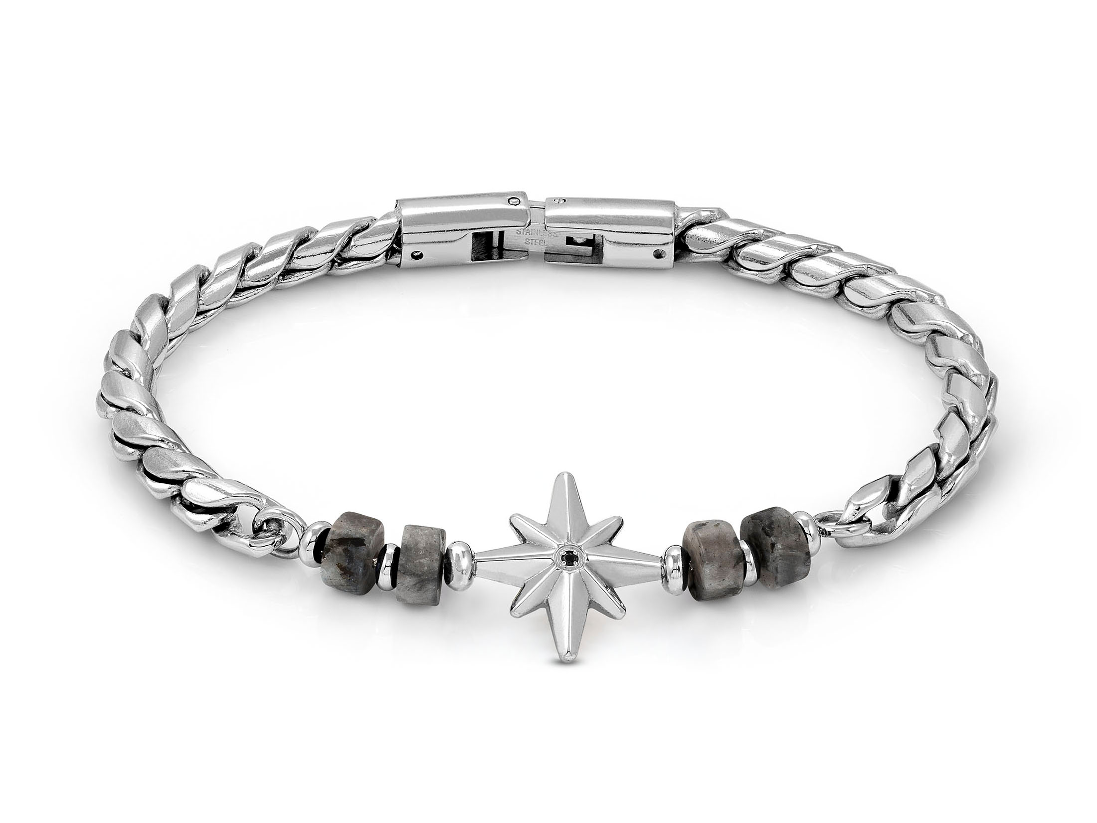 Armband von Nomination aus der ATLANTE STONES EDITION, mit grauem Jaspis und einem Windrose-Detail, verziert mit silberfarbenem, geflochtenem Design, Länge von 19 bis 23 cm.