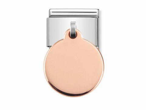 443180101-0 Runder Anhänger in Rosé von Nomination, mit glänzender Oberfläche und praktischem Metallclip, ideal für individuelle Schmuckgestaltungen und persönliche Akzente.
