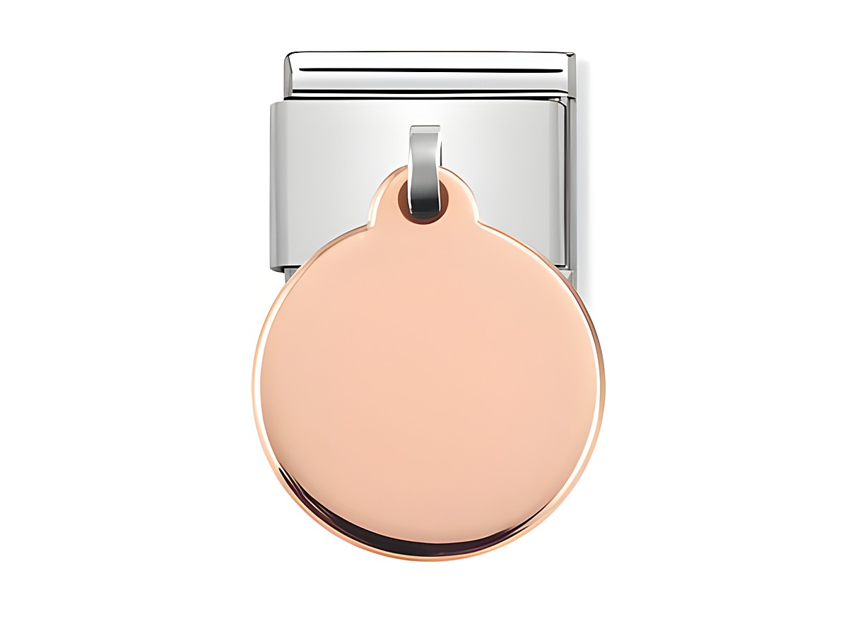 Runder Anhänger in Rosé von Nomination, mit glänzender Oberfläche und praktischem Metallclip, ideal für individuelle Schmuckgestaltungen und persönliche Akzente.