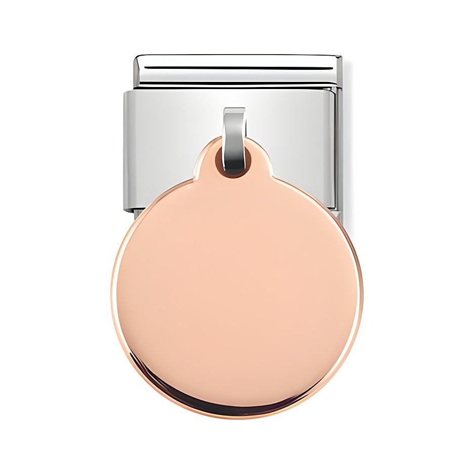 Runder Anhänger in Rosé von Nomination, mit glänzender Oberfläche und praktischem Metallclip, ideal für individuelle Schmuckgestaltungen und persönliche Akzente.
