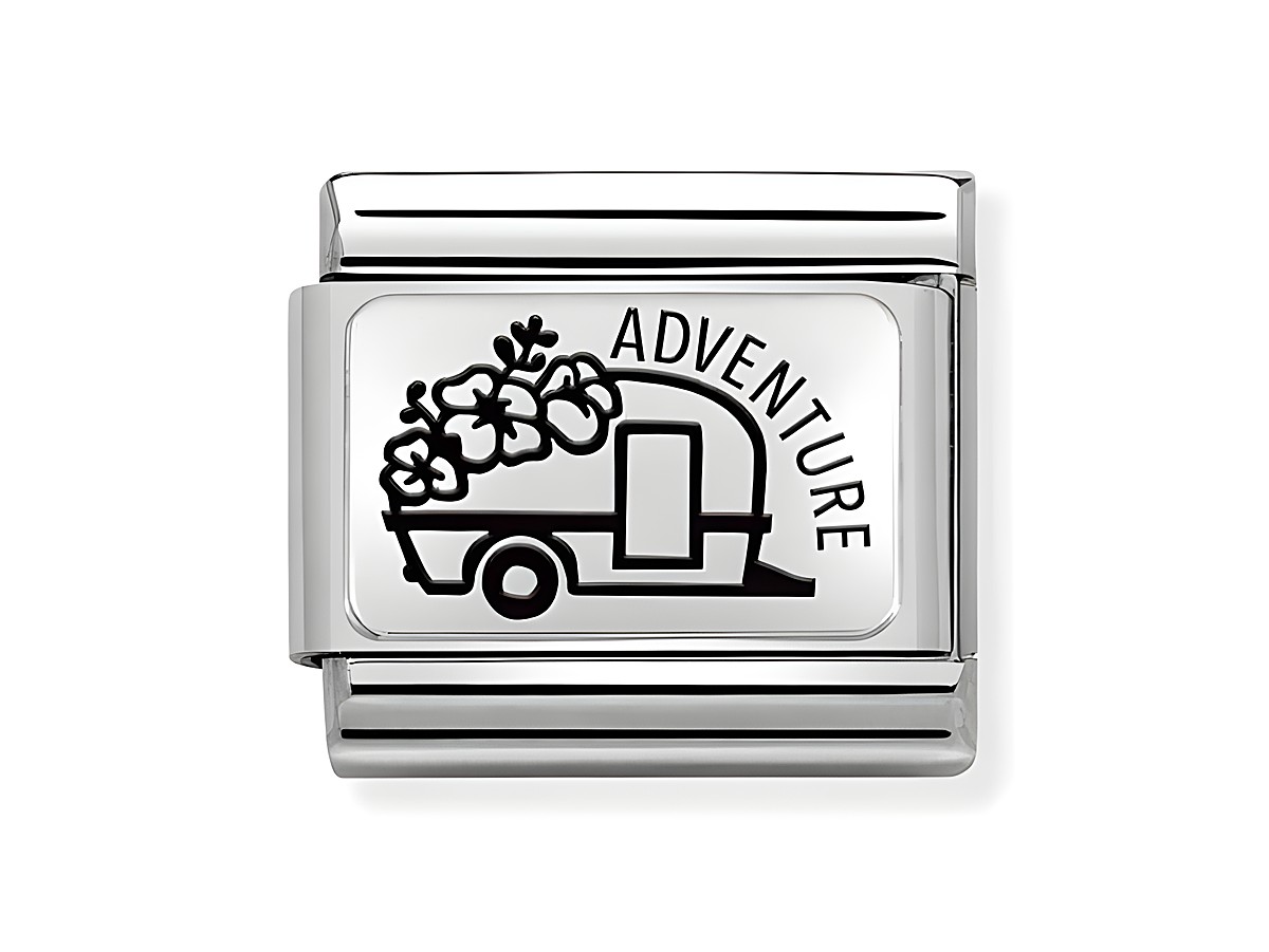 Edelstahl Charm von Nomination mit einem Wohnwagen und Blumen, eingraviert mit dem Wort Abenteuer, ideal für stylische Schmuckliebhaber, Hersteller SilverShine.