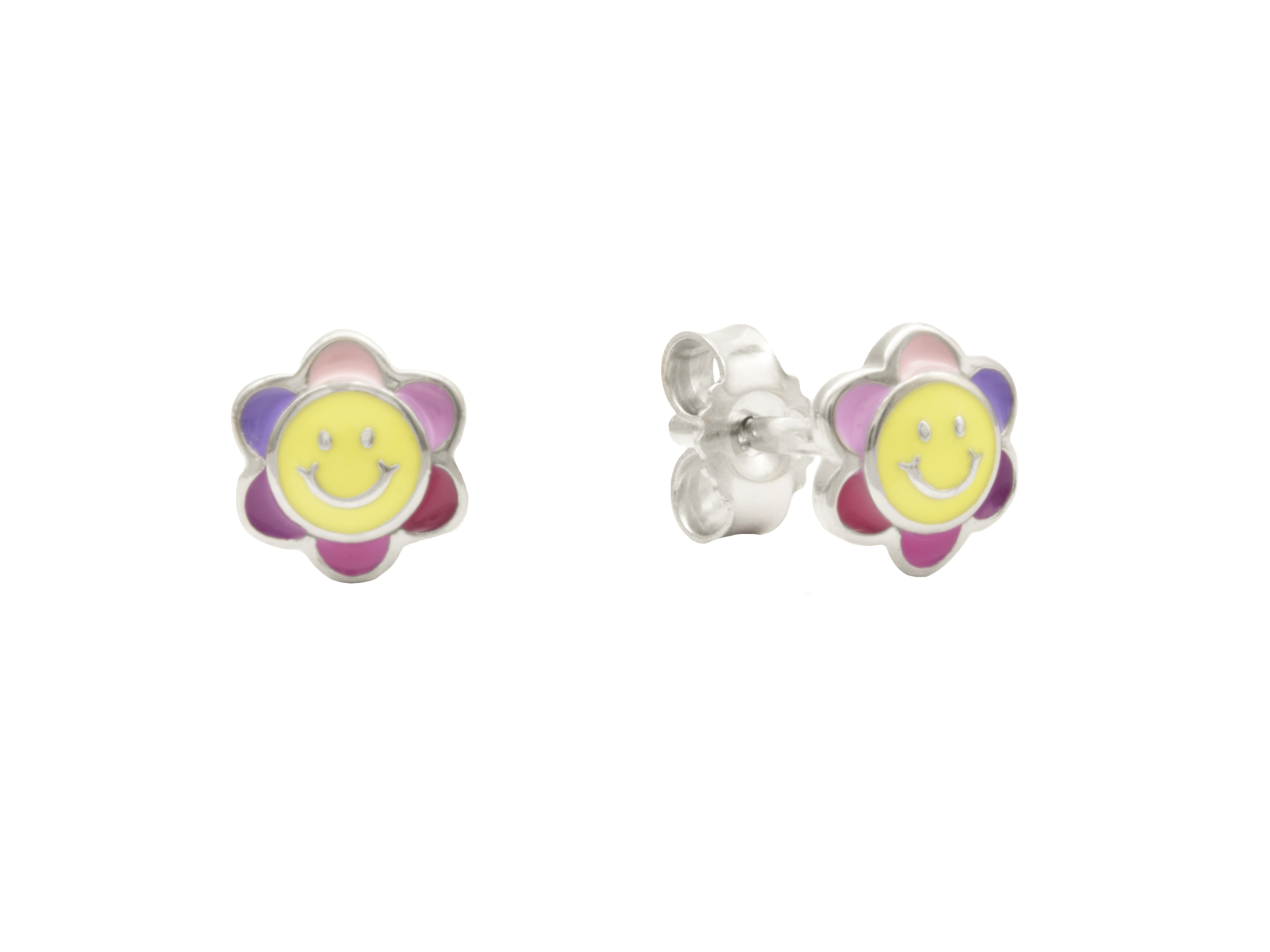 Ohrstecker in Blumenform aus rhodiniertem Sterling Silber 925, poliert, mit buntem lackierten Design und lächelndem Gesicht, idealer Kinderschmuck vom Hersteller Juwelier Harnisch.