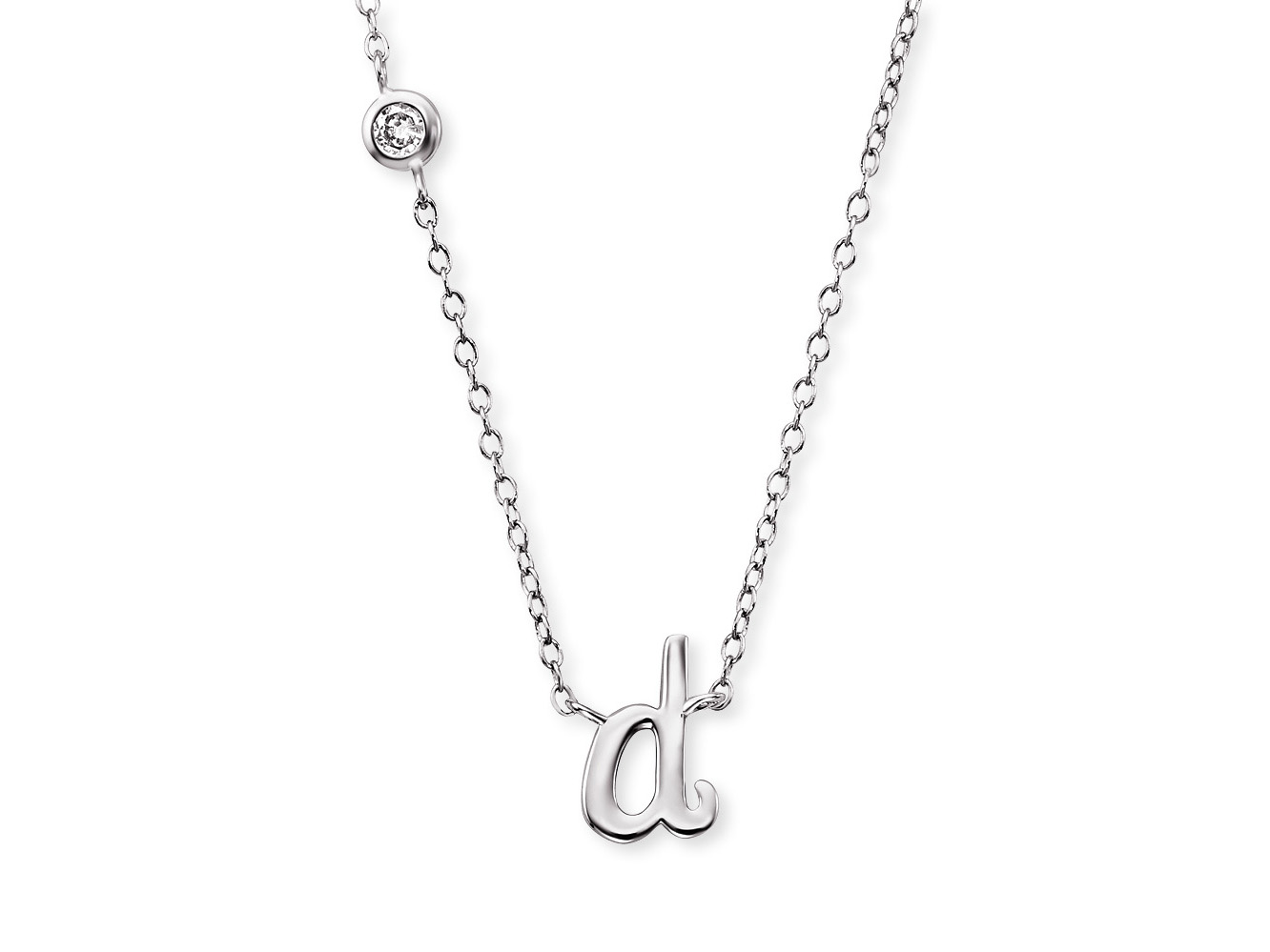 Elegante Silberkette von Engelsrufer mit initialigem Anhänger in Form des Buchstabens d, verziert mit einem Zirkonia, Länge 40 cm, ideal für jeden Anlass.